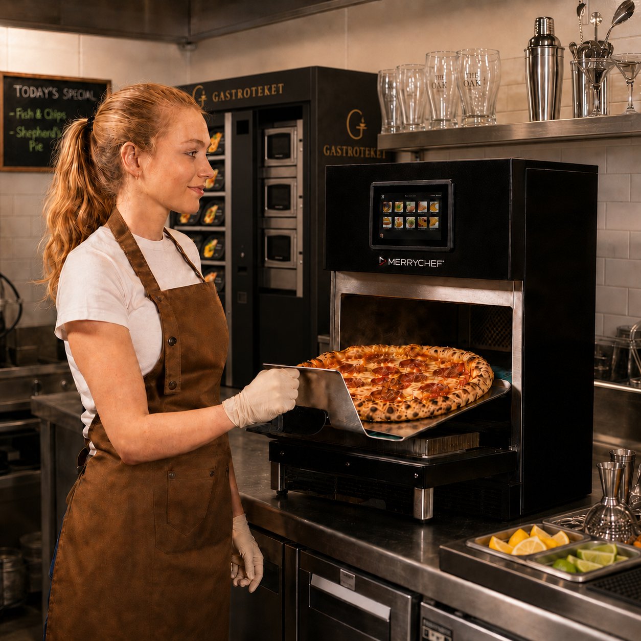 Nybakt pizza tas ut av Gastrotekets hurtigovn